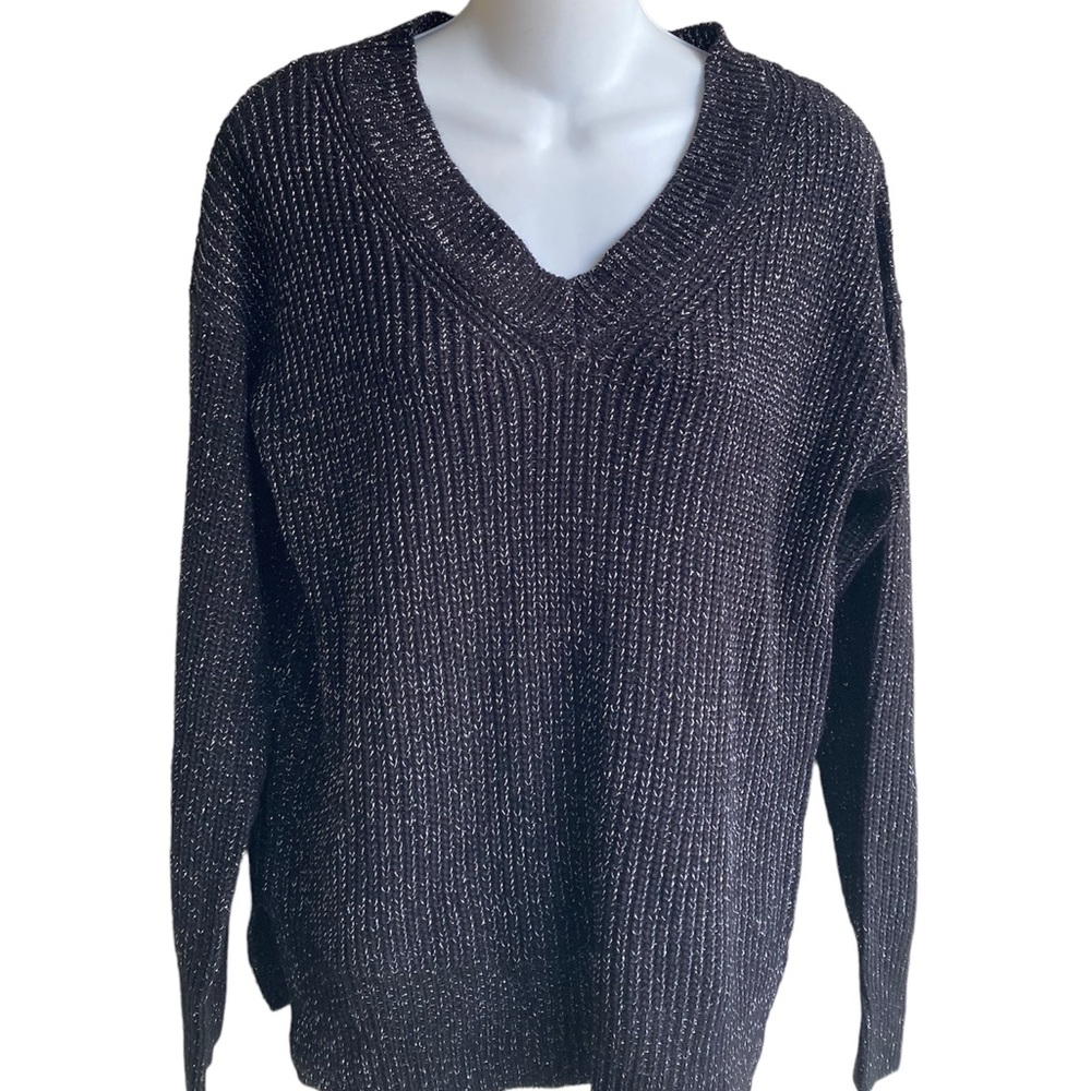 NWT Black Silver Knit V-Neck Sweater Moral Fiber Junior Medium Style 4969